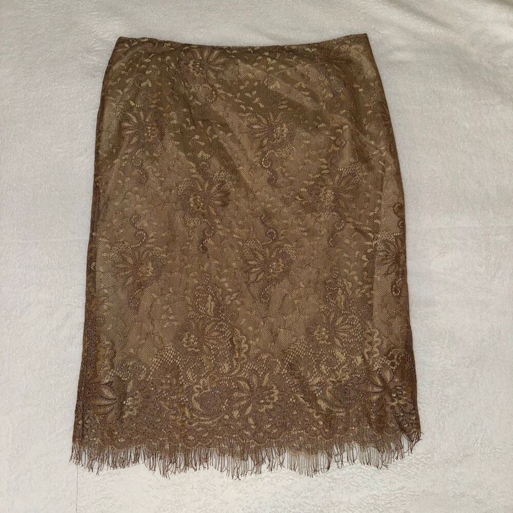 Next Petites Women’s UK10 Gold Brown Lace Fully Lined Pencil Skirt NWT